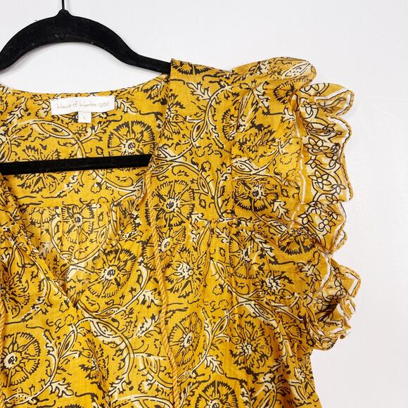 House of Harlow 1960 Large L Yellow Boho Ruffle Sleeve Blouse Tie V Neck Gypsy - Picture 3 of 7